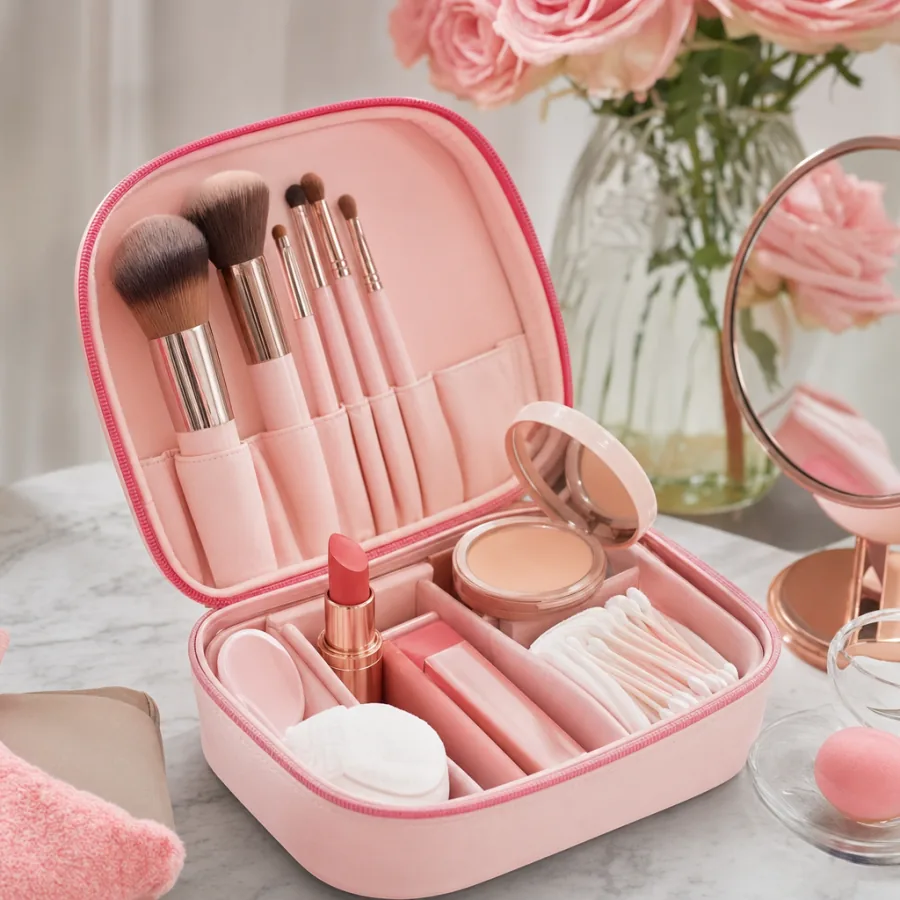 Kit profesional de maquillaje con brochas y tonos rosados.