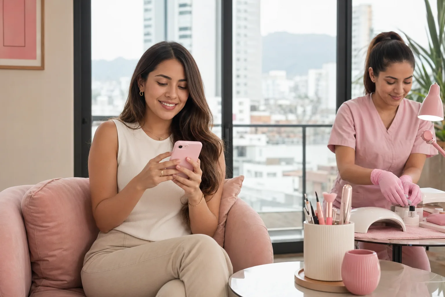 Clienta joven reservando una cita de belleza mientras una especialista prepara una sesión.